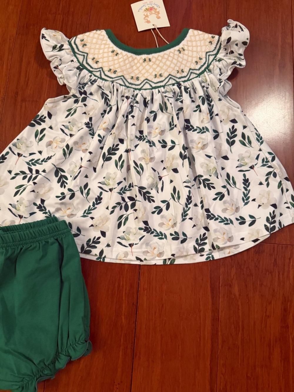 Girls White Floral Smocked Top with Green Trim